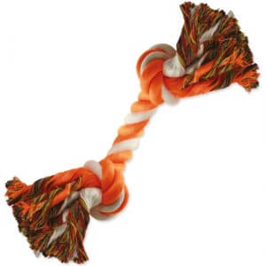 Hračka pre psa DF uzol – oranžovo-biely s dvoma knotmi, odolná hračka na žuvanie (20 cm).