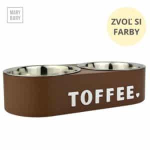 Plastová dvojmiska pre psa MARYBARY Elegant v hnedej farbe s 3D menom a nerezovými miskami.