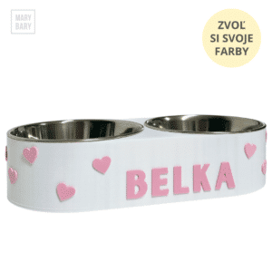 Dvojmiska pre psa s menom v srdiečkovom dizajne v rôznych farbách